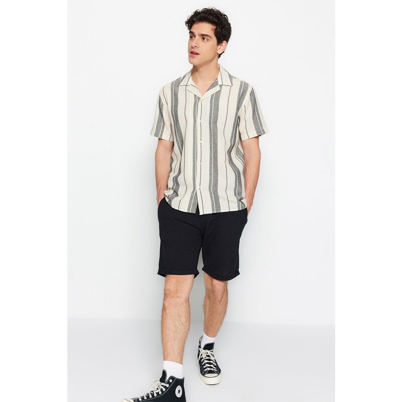 Trendyol Limited Edition Black Regular Fit Striped Textured Summer Shirt