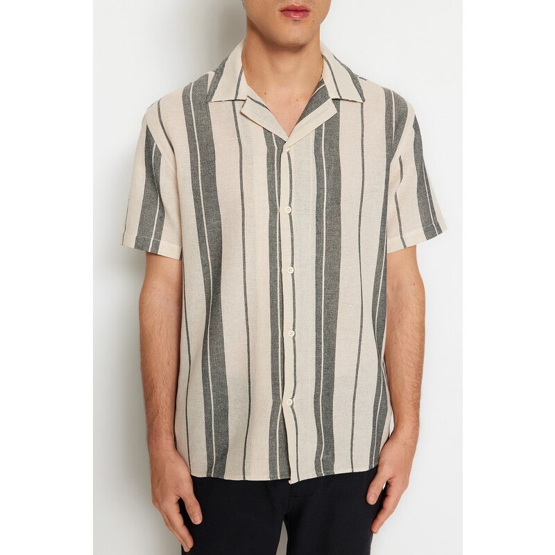 Trendyol Limited Edition Black Regular Fit Striped Textured Summer Shirt