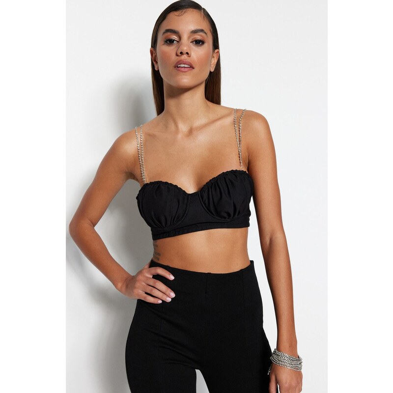 Trendyol Black Crop Lined Woven Shiny Stone Bustier