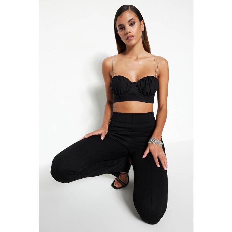 Trendyol Black Crop Lined Woven Shiny Stone Bustier