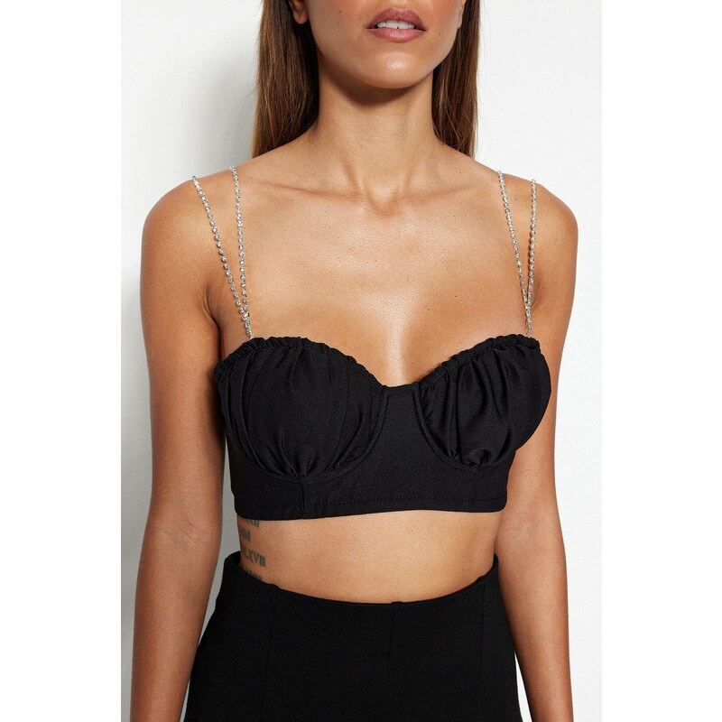 Trendyol Black Crop Lined Woven Shiny Stone Bustier