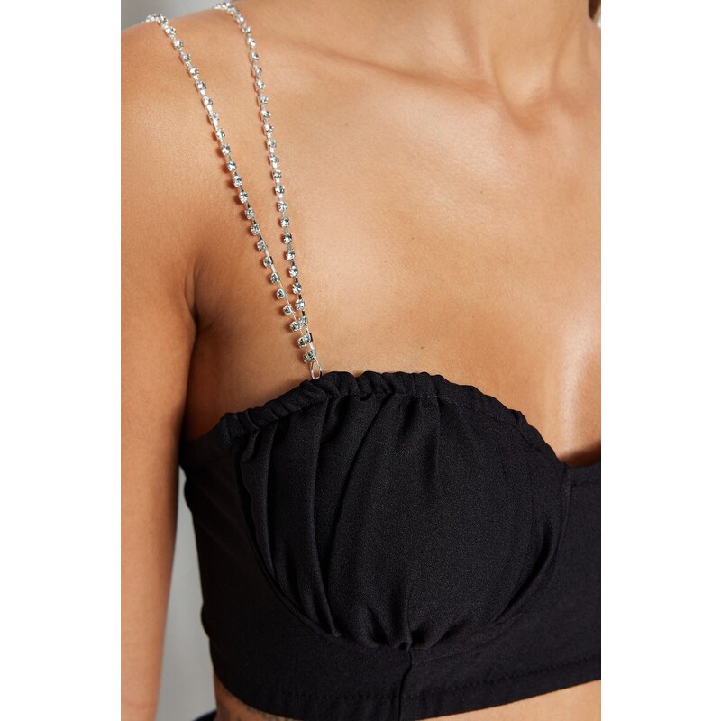 Trendyol Black Crop Lined Woven Shiny Stone Bustier