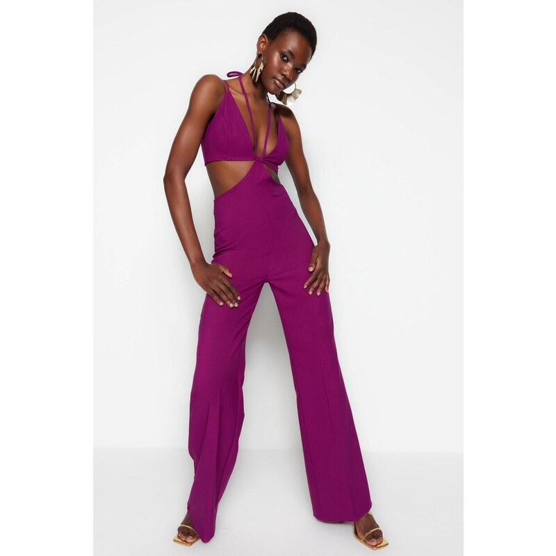 Trendyol Plum Lined Woven Jumpsuit with Window/Cut Out Detailed, piping