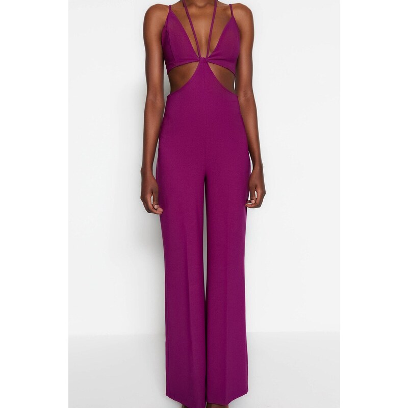 Trendyol Plum Lined Woven Jumpsuit with Window/Cut Out Detailed, piping