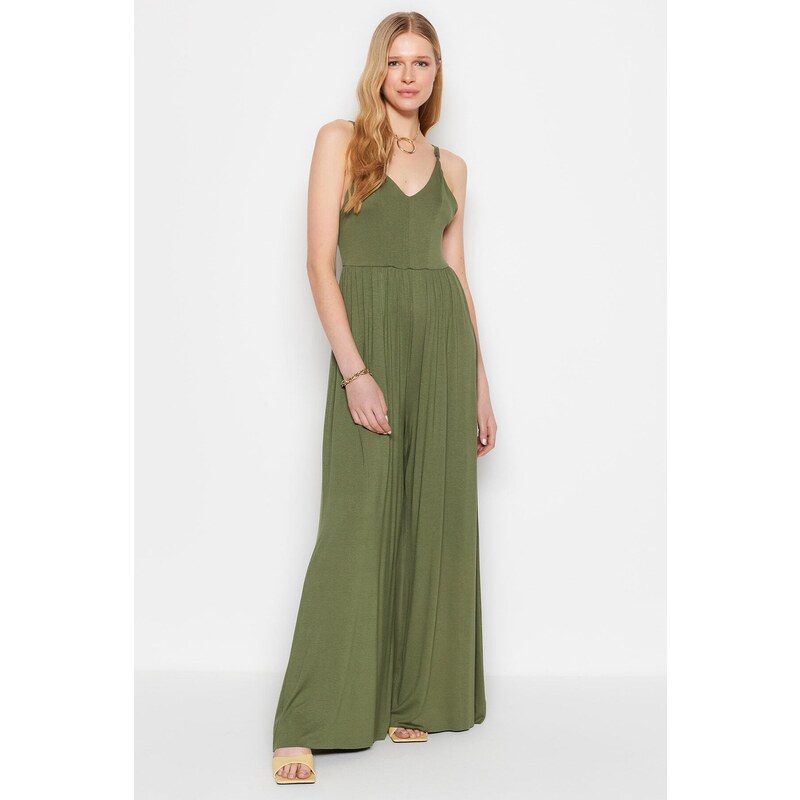 Trendyol Khaki Flowy Straps, Viscose Knitted Overalls