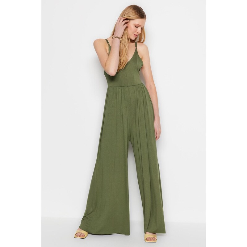 Trendyol Khaki Flowy Straps, Viscose Knitted Overalls