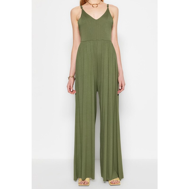 Trendyol Khaki Flowy Straps, Viscose Knitted Overalls