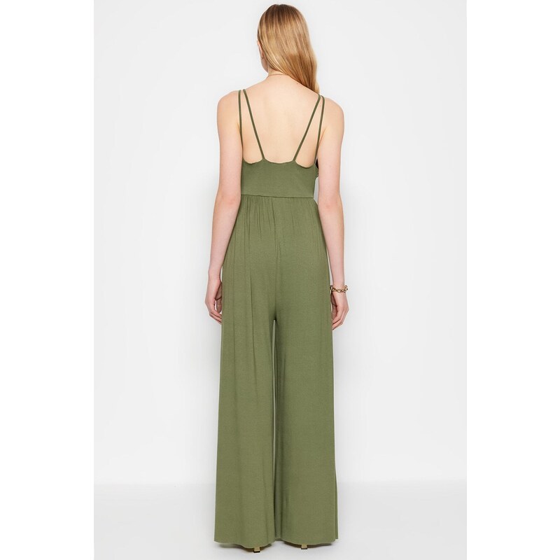 Trendyol Khaki Flowy Straps, Viscose Knitted Overalls