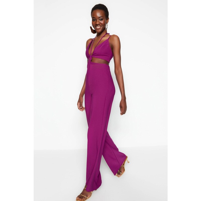 Trendyol Plum Lined Woven Jumpsuit with Window/Cut Out Detailed, piping