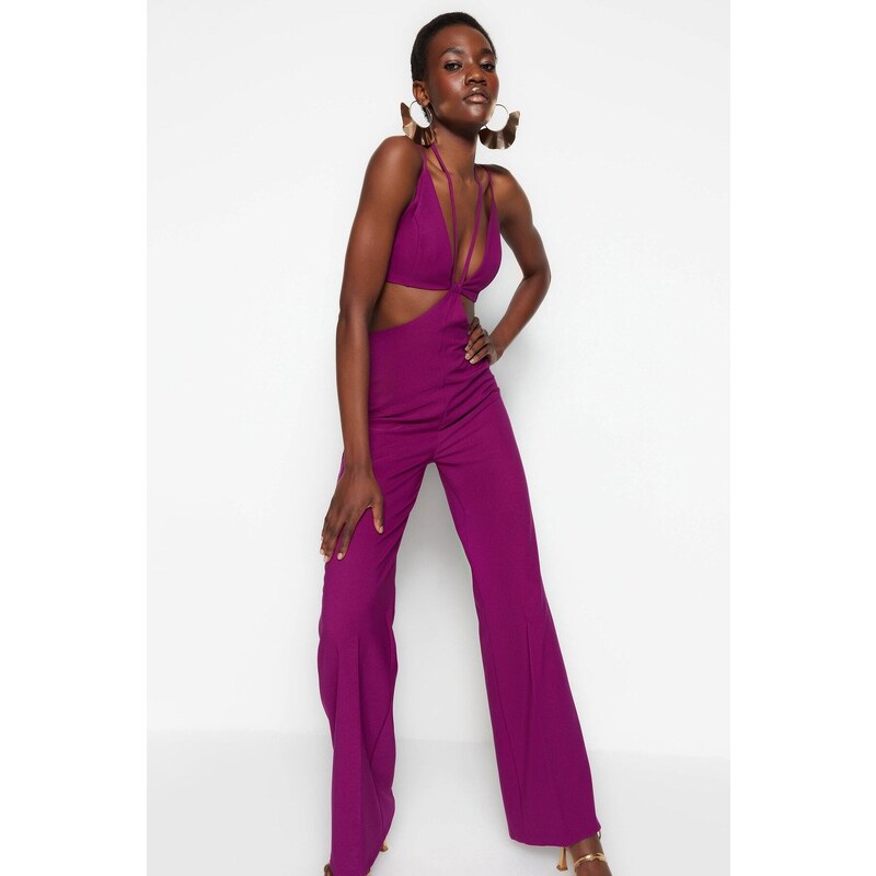 Trendyol Plum Lined Woven Jumpsuit with Window/Cut Out Detailed, piping