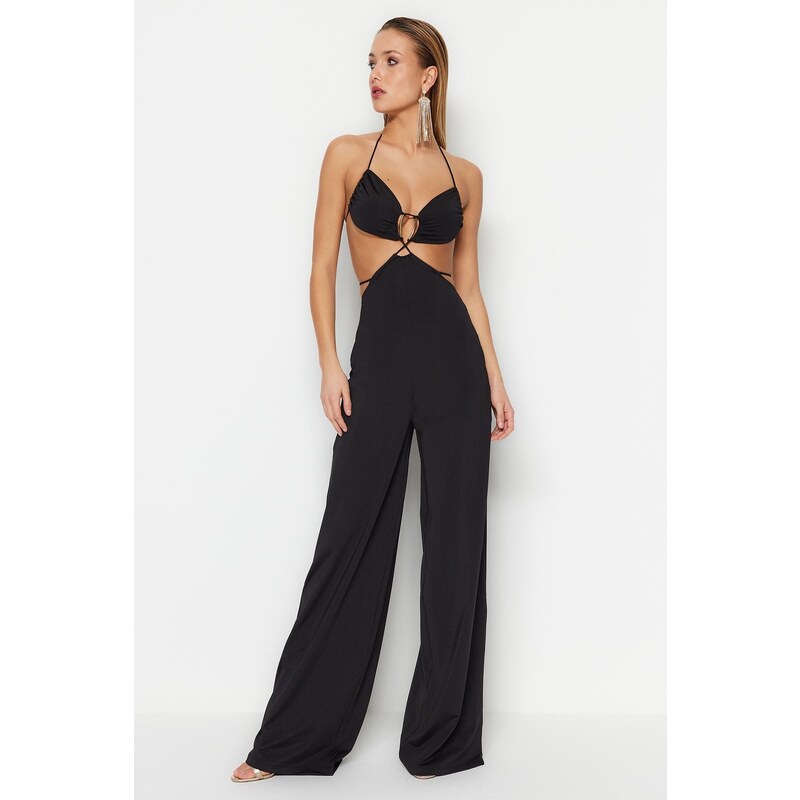 Trendyol Black Lined Knitted Jumpsuit with Window/Cut Out Detail, biased