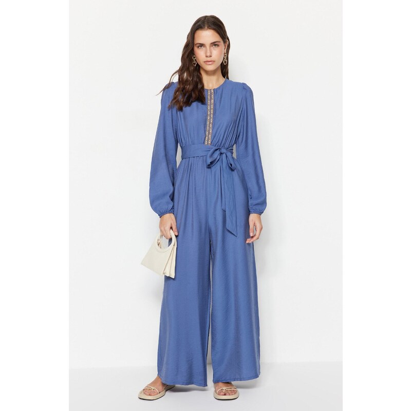 Trendyol Indigo Belted Strip Detail Wide Leg Woven Jumpsuit