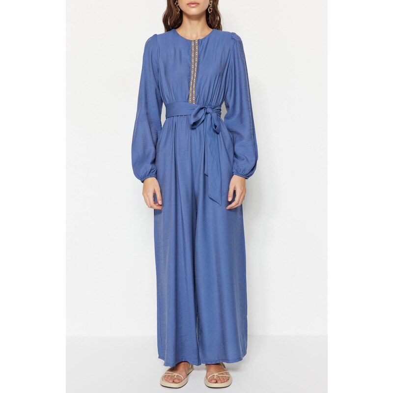 Trendyol Indigo Belted Strip Detail Wide Leg Woven Jumpsuit