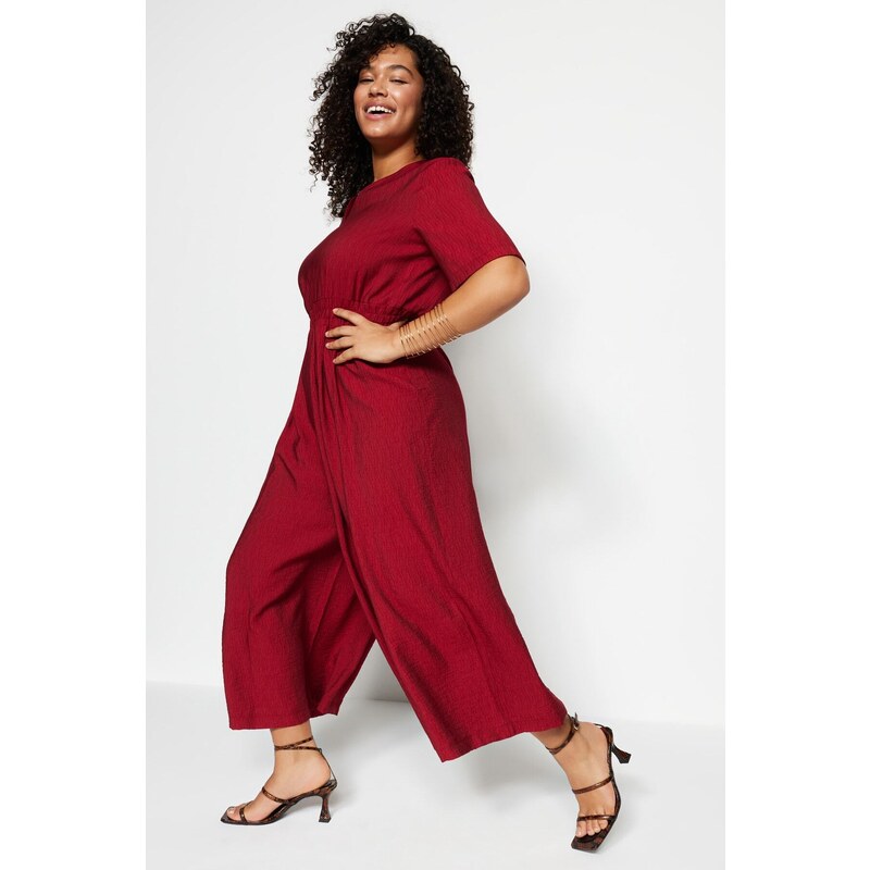 Trendyol Curve Claret Red Woven Overalls with an Elastic Waist