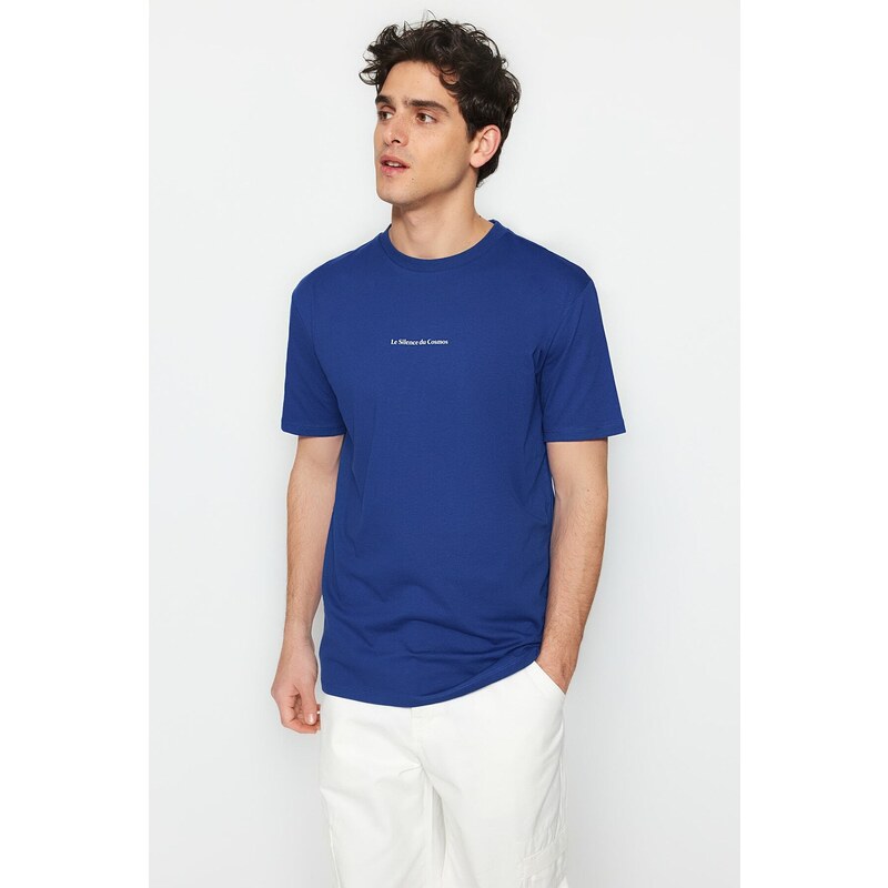 Trendyol Indigo Regular/Normal Fit 100% Cotton Minimal Text Printed T-Shirt