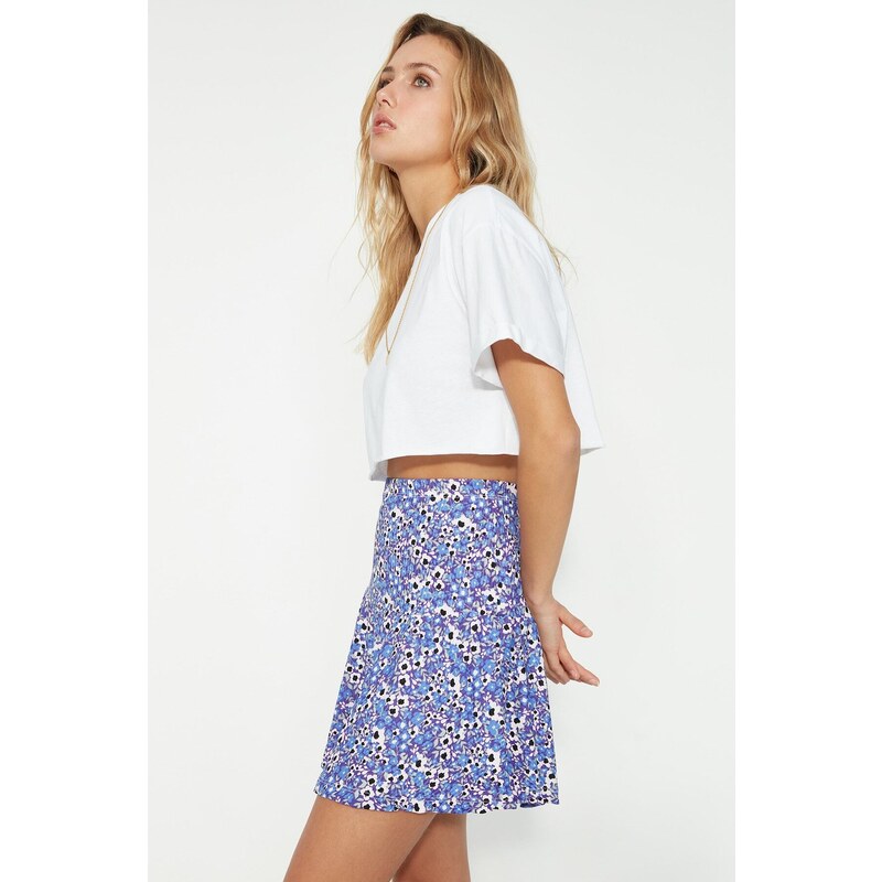 Trendyol Purple Printed Ruffle High Waist Mini Knitted Shorts Skirt