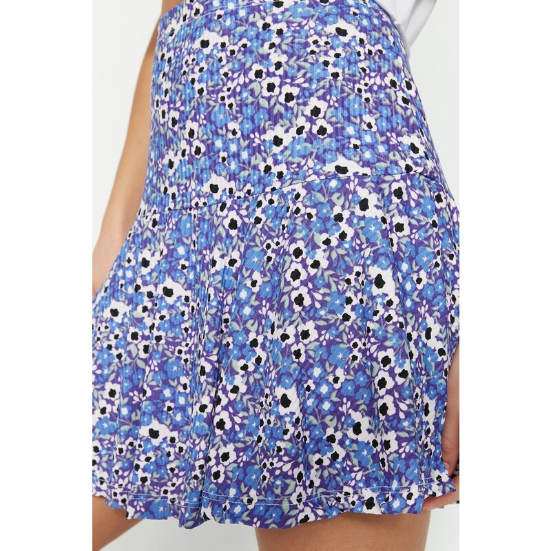 Trendyol Purple Printed Ruffle High Waist Mini Knitted Shorts Skirt