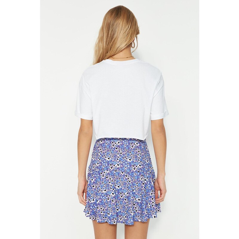 Trendyol Purple Printed Ruffle High Waist Mini Knitted Shorts Skirt