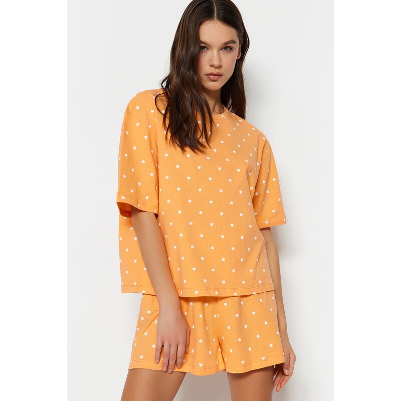 Trendyol Orange 100% Cotton Heart Patterned T-shirt-Shorts and Knitted Pajamas Set