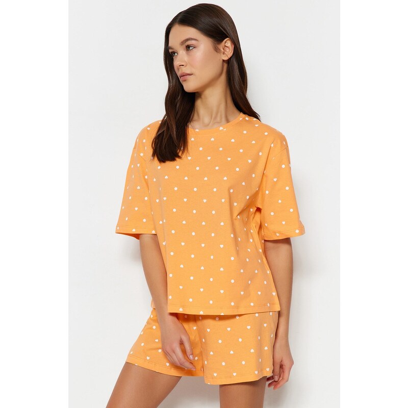 Trendyol Orange 100% Cotton Heart Patterned T-shirt-Shorts and Knitted Pajamas Set