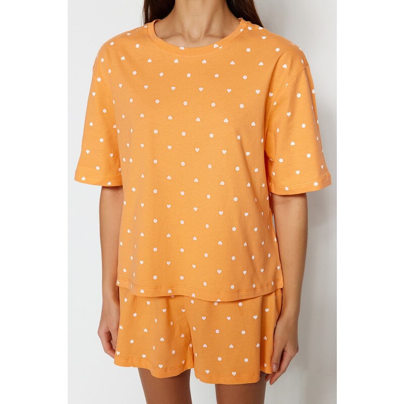 Trendyol Orange 100% Cotton Heart Patterned T-shirt-Shorts and Knitted Pajamas Set