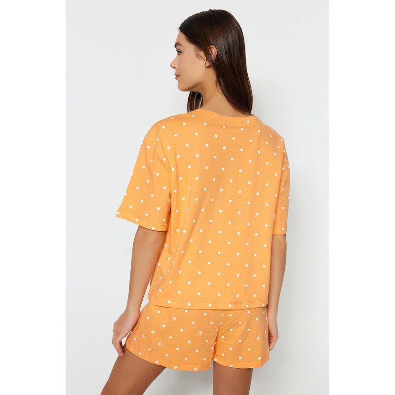 Trendyol Orange 100% Cotton Heart Patterned T-shirt-Shorts and Knitted Pajamas Set