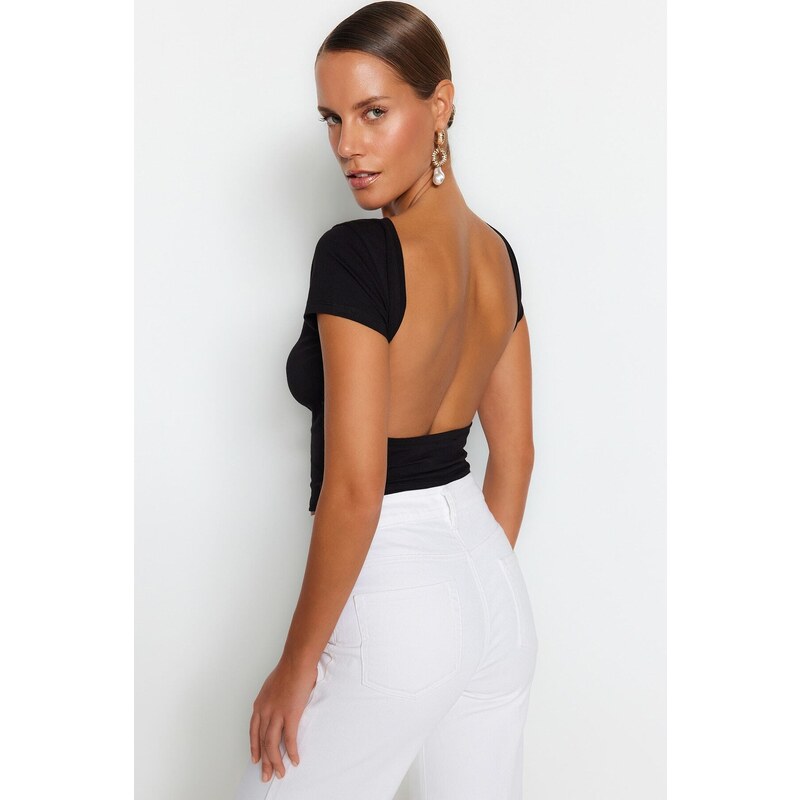 Trendyol Černý Dekolt Crop Bavlněná Strečová Pletená Halenka 107260243