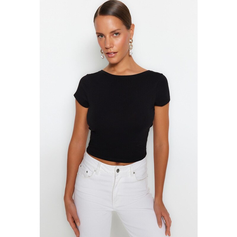 Trendyol Black Decollete Crop Cotton Stretch Knitted Blouse