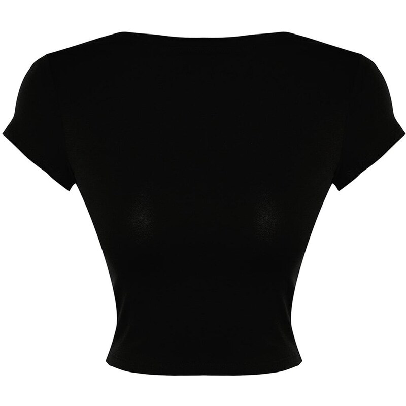 Trendyol Black Decollete Crop Cotton Stretch Knitted Blouse