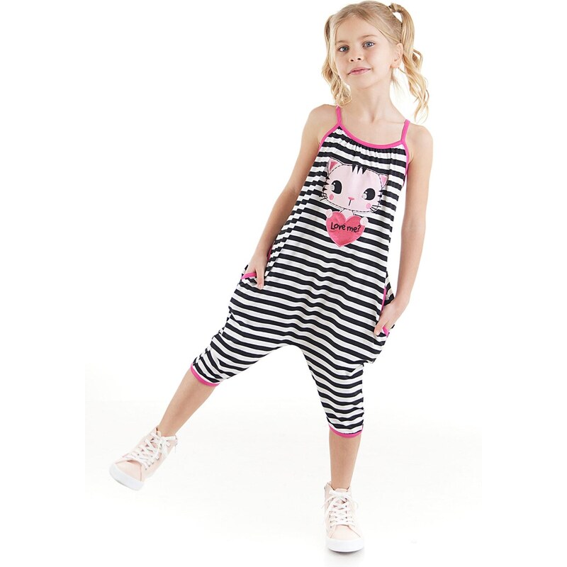 Denokids Love Me Girls' Striped Cat Jumpsuit with Straps