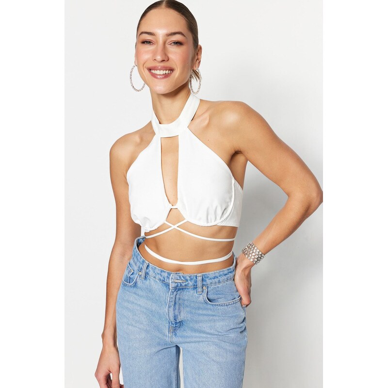 Trendyol Ecru Crop Podšívaný Tkaný S Vázáním Okno/Vyřezaný Detailní 115721360