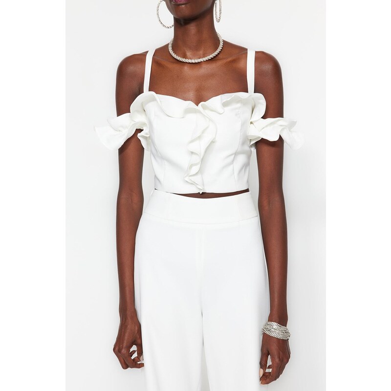 Trendyol Ecru Crop Lined Woven Ruffle Bustier