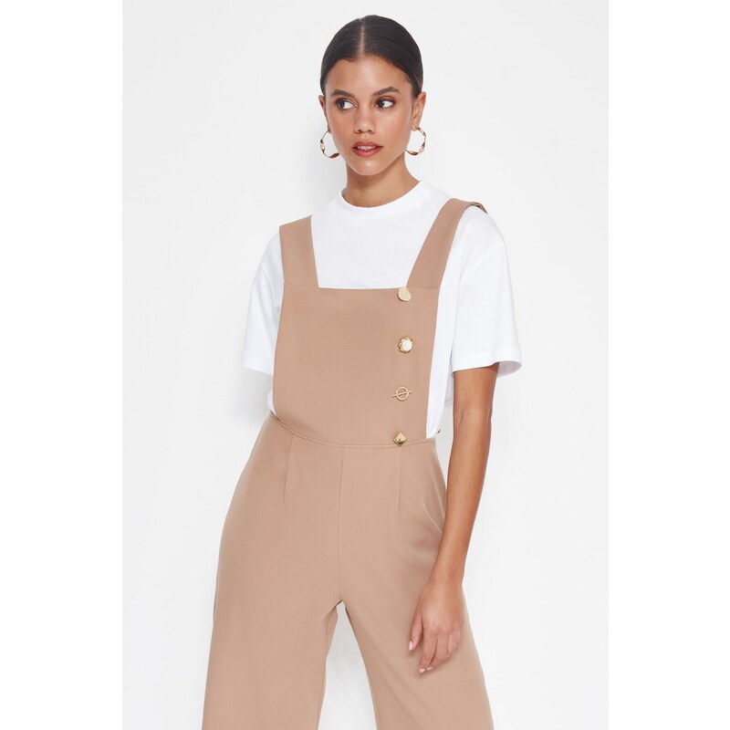 Trendyol Mink Button Detailed Long Square Collar Woven Jumpsuit