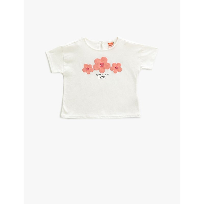 Koton Short-Sleeved T-Shirt with a Floral Print. Crew Neck.