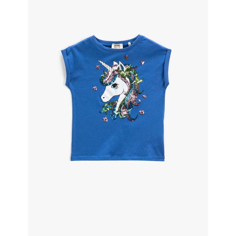 Koton Unicorn T-Shirt With Sequin Embroidered Sleeveless Crew Neck.