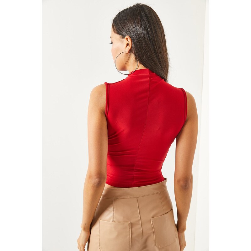 Olalook Women's Red Standing Collar Smocking Detail Crop Blouse