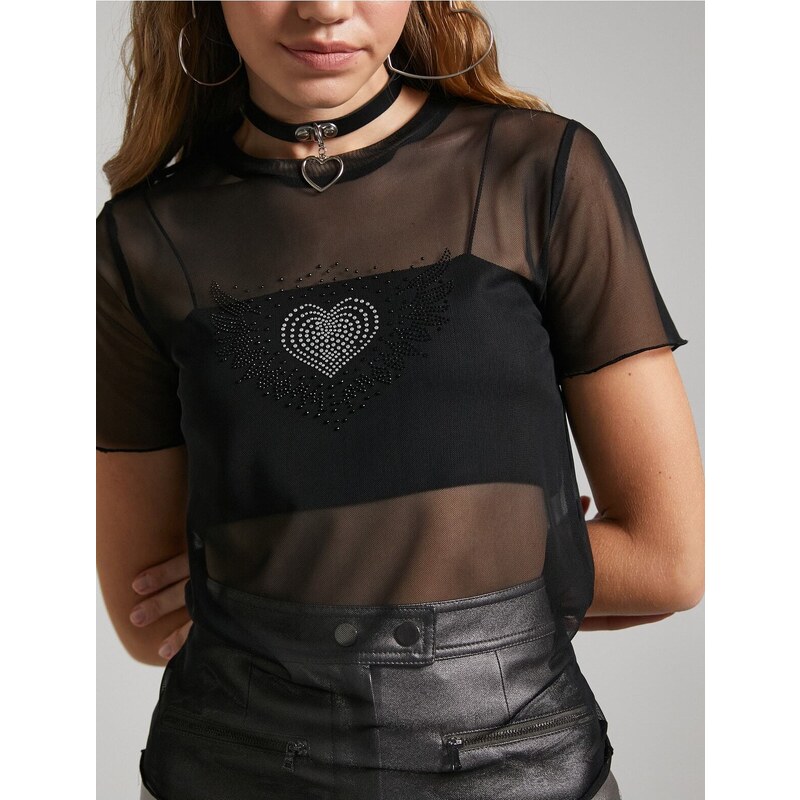 Koton Transparent T-Shirt Heart Stone Short Sleeve