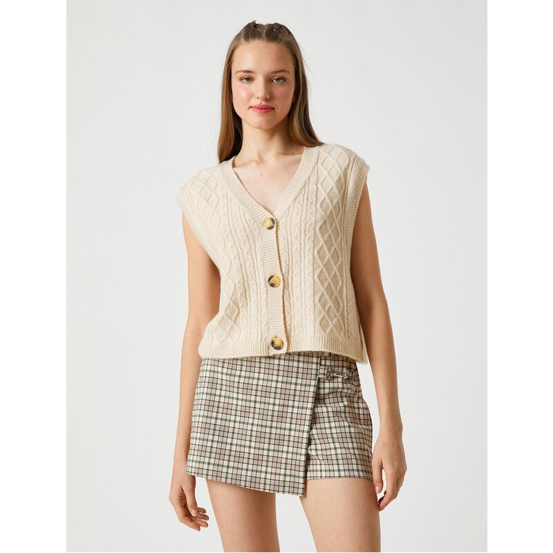 Koton Crop Cardigan Sleeveless with Buttons V-Neck In Braid Patterned