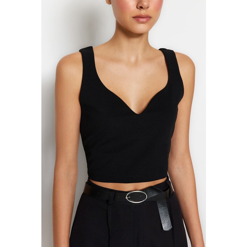 Trendyol Black Fitted Crepe Knitted Blouse With Sweetheart Collar