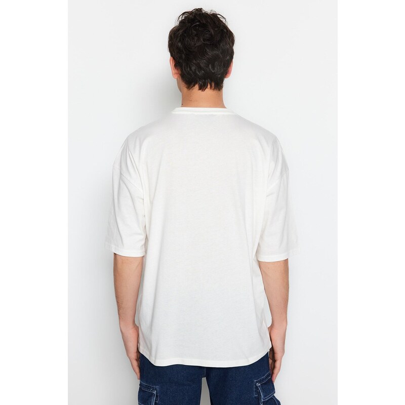 Trendyol Ecru Oversize Fit Ribbed Printed 100% Cotton T-Shirt