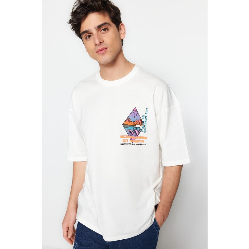 Trendyol Ecru Oversize Fit Ribbed Printed 100% Cotton T-Shirt