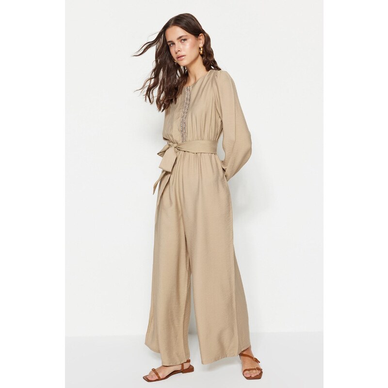 Trendyol Mink Belted Strip Detailed Wide Leg Woven Jumpsuit