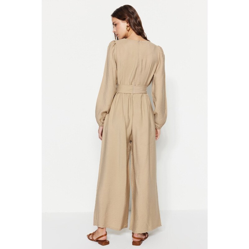 Trendyol Mink Belted Strip Detailed Wide Leg Woven Jumpsuit