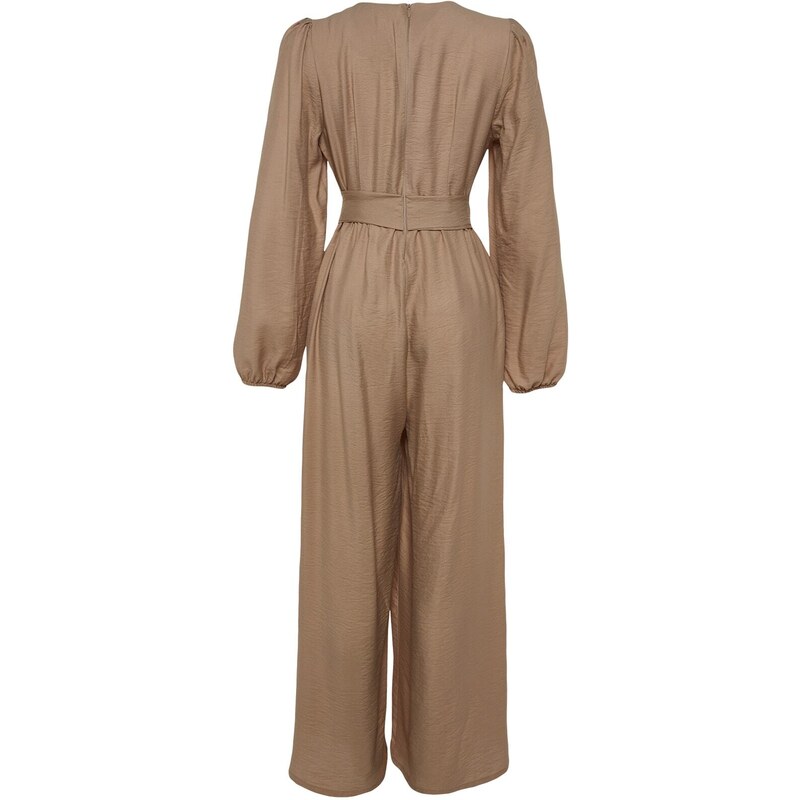 Trendyol Mink Belted Strip Detailed Wide Leg Woven Jumpsuit