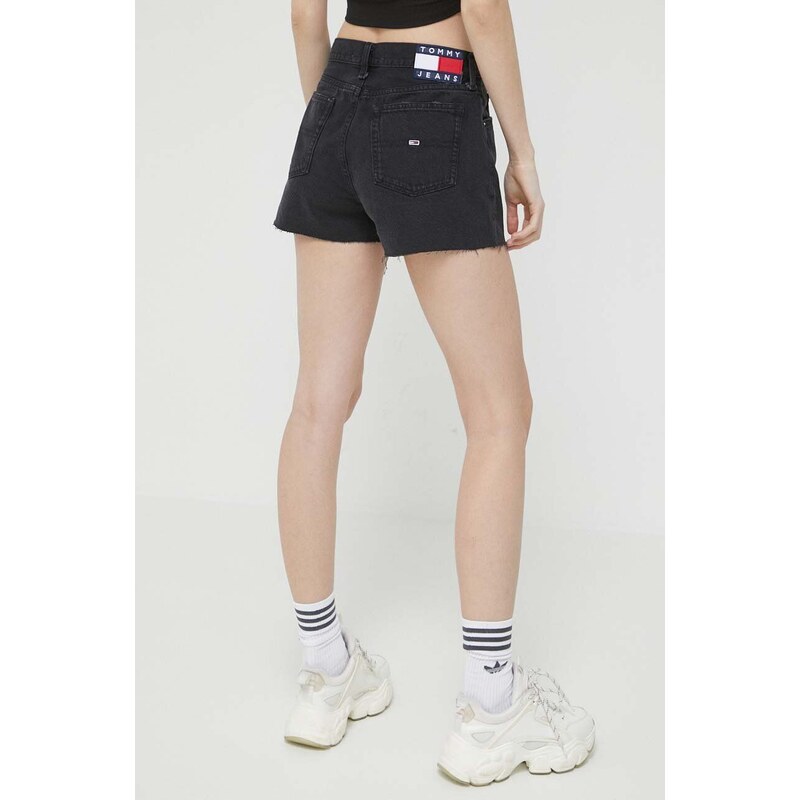 Džínové šortky Tommy Jeans dámské, černá barva, hladké, high waist