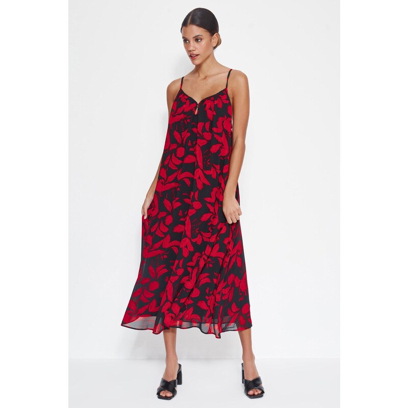 Trendyol Red Straight Cut Maxi Woven Chiffon Lined Floral Pattern Woven Dress