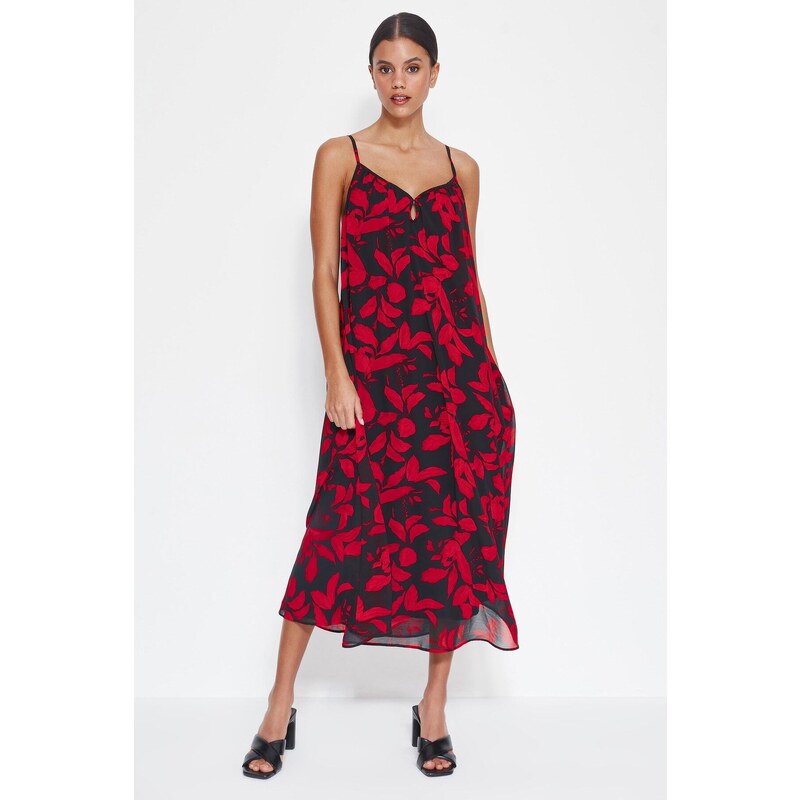 Trendyol Red Straight Cut Maxi Woven Chiffon Lined Floral Pattern Woven Dress