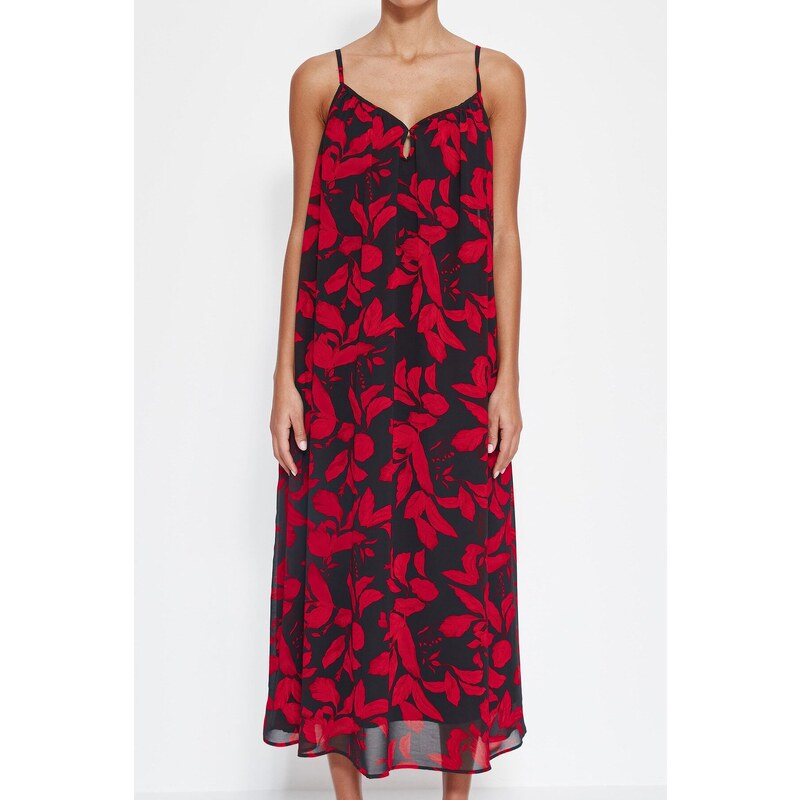 Trendyol Red Straight Cut Maxi Woven Chiffon Lined Floral Pattern Woven Dress