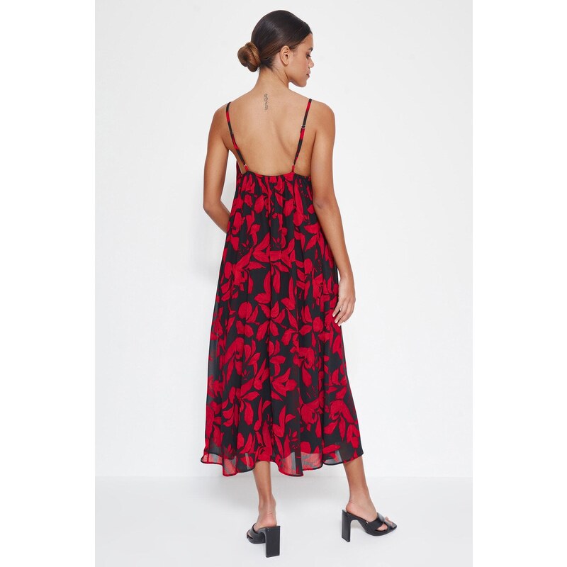 Trendyol Red Straight Cut Maxi Woven Chiffon Lined Floral Pattern Woven Dress