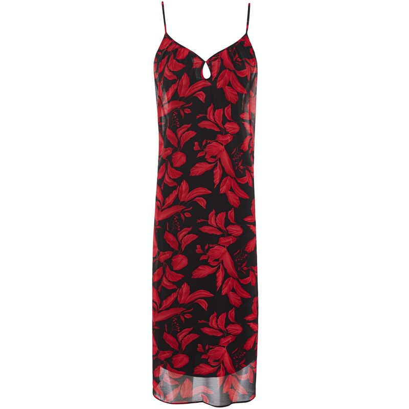Trendyol Red Straight Cut Maxi Woven Chiffon Lined Floral Pattern Woven Dress